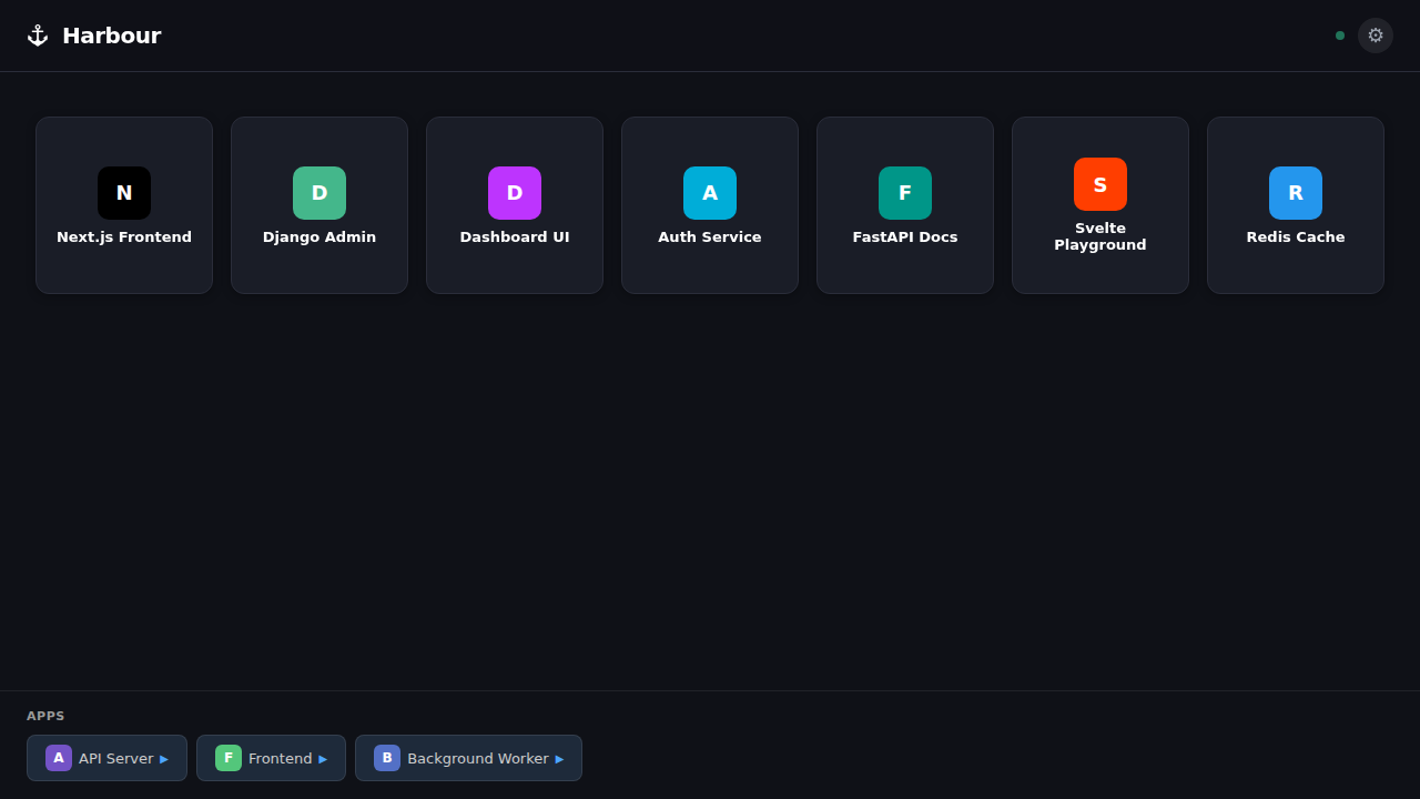 Harbour dashboard showing local services with project names, tech stacks, and a dock