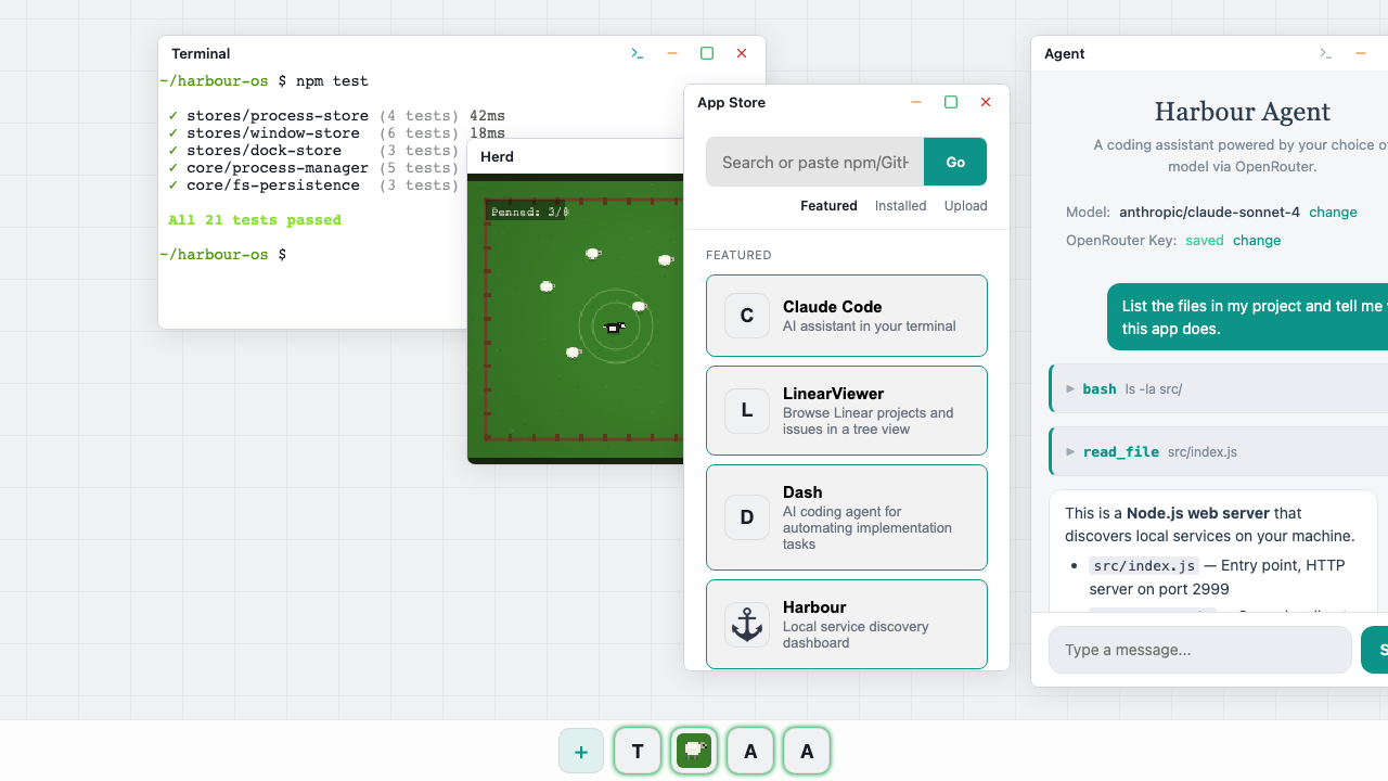Harbour OS desktop showing Terminal, Herd, App Store, and Agent windows with the dock